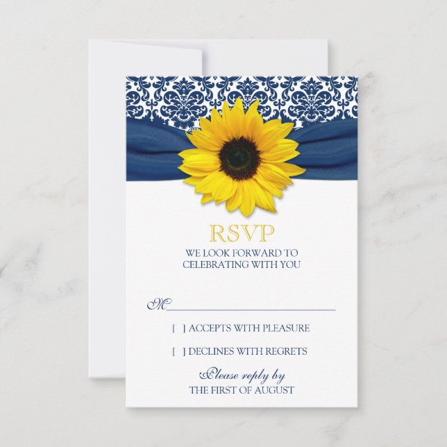 Gul solros Navy Damask band bröllops RSVP OSA Kort (Framsida)