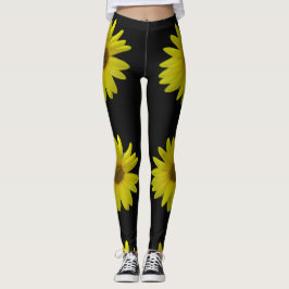 Gul solros på svart bakgrund leggings