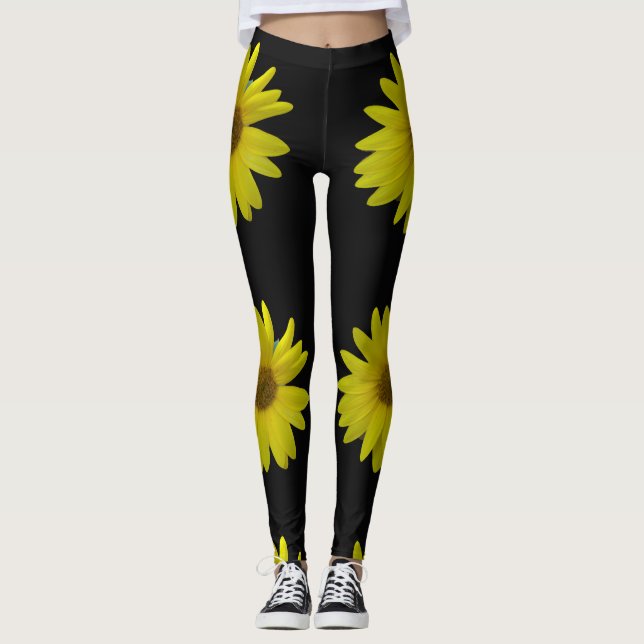 Gul solros på svart bakgrund leggings (Framsida)