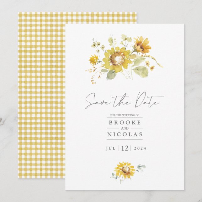 Gul Solros Vattenfärg Bröllopsinbjudan Spara Datumet (Fram/baksida)