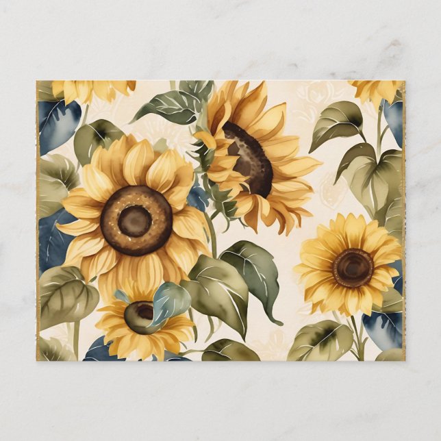 Gul Solros Vattenfärg Mönster Vykort (Framsida)