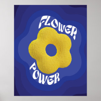 Gul stickad blomma Flower Power konstaffisch, blå  Poster