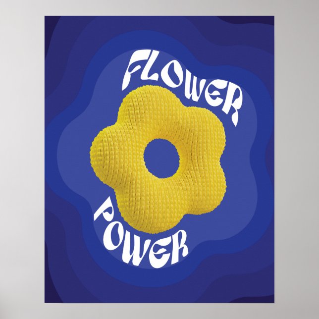 Gul stickad blomma Flower Power konstaffisch, blå  Poster (Framsidan)