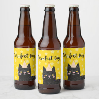 Gul stjärna Svart katt Perfekt dag-fest Ölflaska Etikett