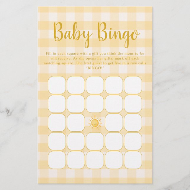 Gul Sunshine Baby Shower Bingo-spel (Framsida)