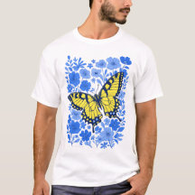 Gul svalstjärt blå blomma t-shirt