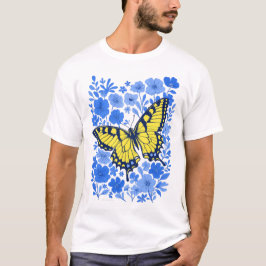Gul svalstjärt blå blomma t-shirt