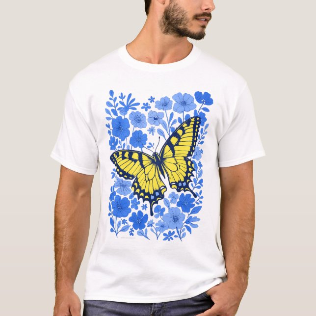 Gul svalstjärt blå blomma t-shirt (Framsida)