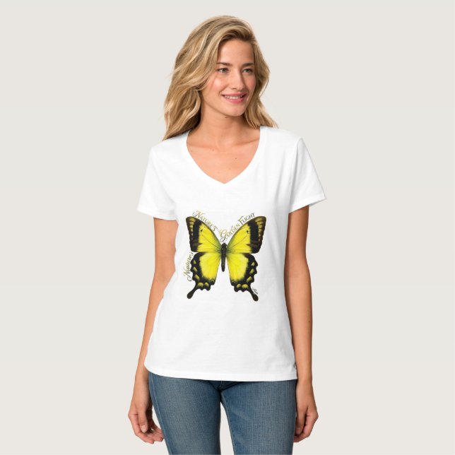 Gul Svalstjärt Fjäril V-ringad T-shirt (Hel framsida)
