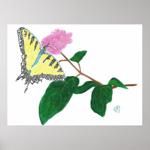 Gul Svalstjärtssommarfjäril på blomsteraffisch Poster