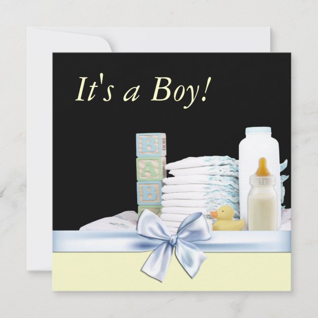 Gul Svart Blå Baby Pojke Shower Inbjudningar (Framsida)