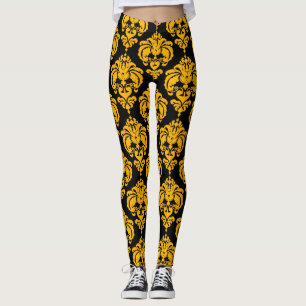 Gul & Svart Damaskstil Modern Elegant Mönster Leggings