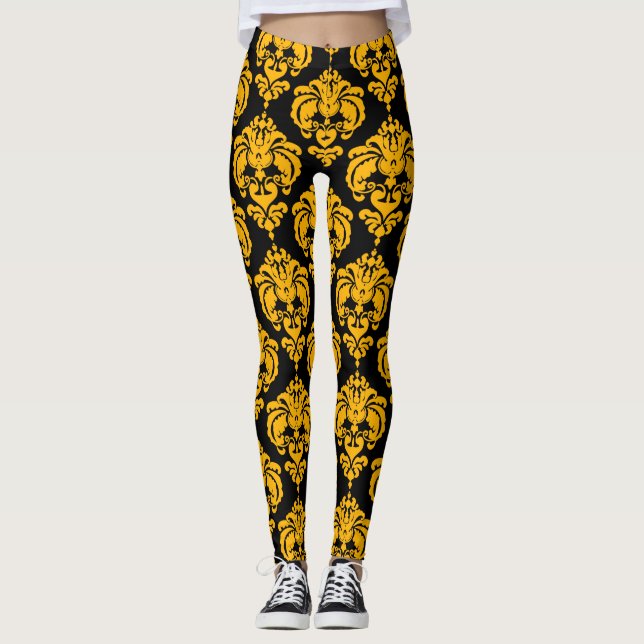 Gul & Svart Damaskstil Modern Elegant Mönster Leggings (Framsida)