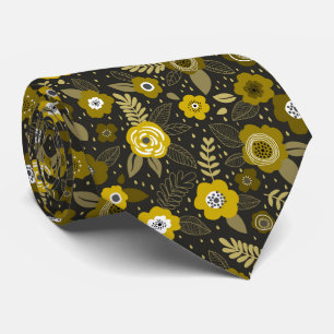 Gul svart elegant prickig blommönster slips