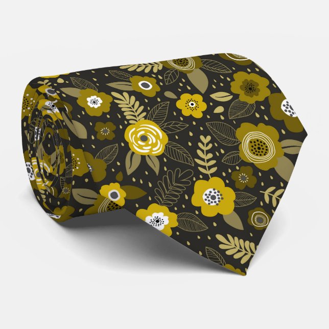Gul svart elegant prickig blommönster slips (Rullad)