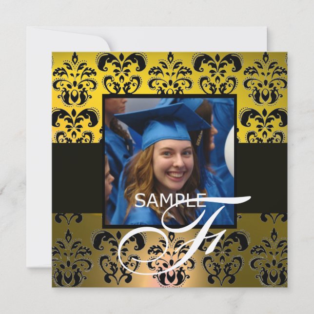 GUL SVART EXAMENS DAMAST  MONOGRAM champagne Inbjudningar (Framsida)