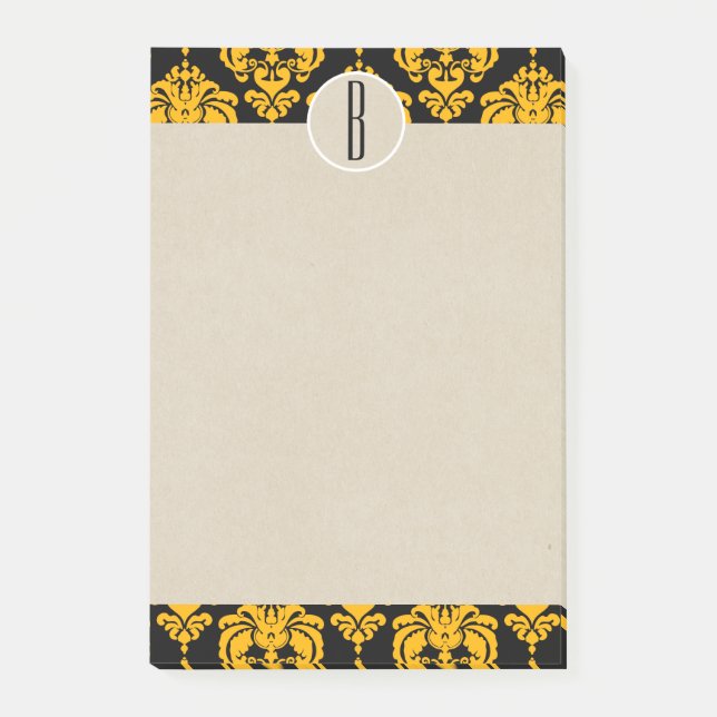 Gul Svart Glam Damask Kraft Monogram Initialboksta Post-it Block (Framsida)