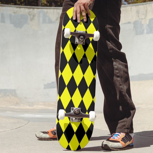 Gul Svart Harlekin Diamanter Rutmönster Design  Mini Skateboard Bräda 18,5 Cm (Skapare uppladdad)