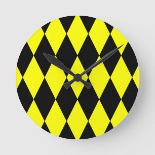 Gul Svart Harlekin Diamanter Rutmönster Design  Rund Klocka