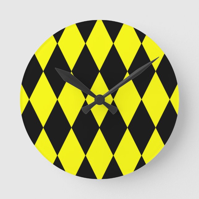 Gul Svart Harlekin Diamanter Rutmönster Design  Rund Klocka (Framsida)