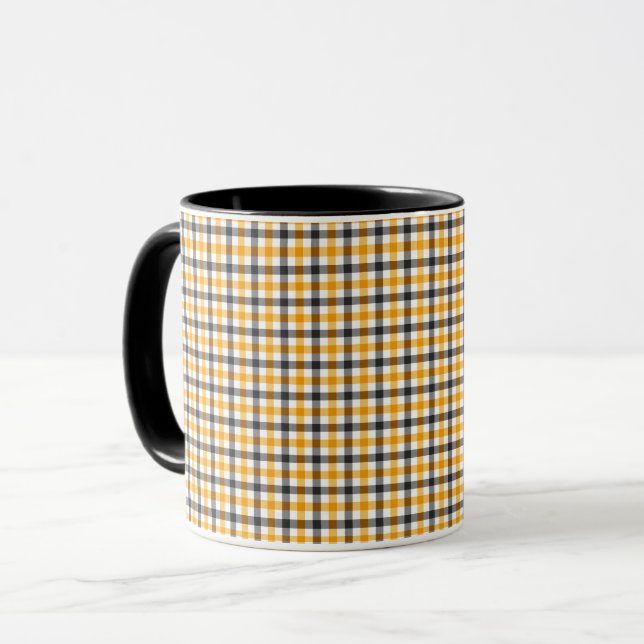 Gul svart och vit Gingham-ruta Mugg (Framsida vänster)