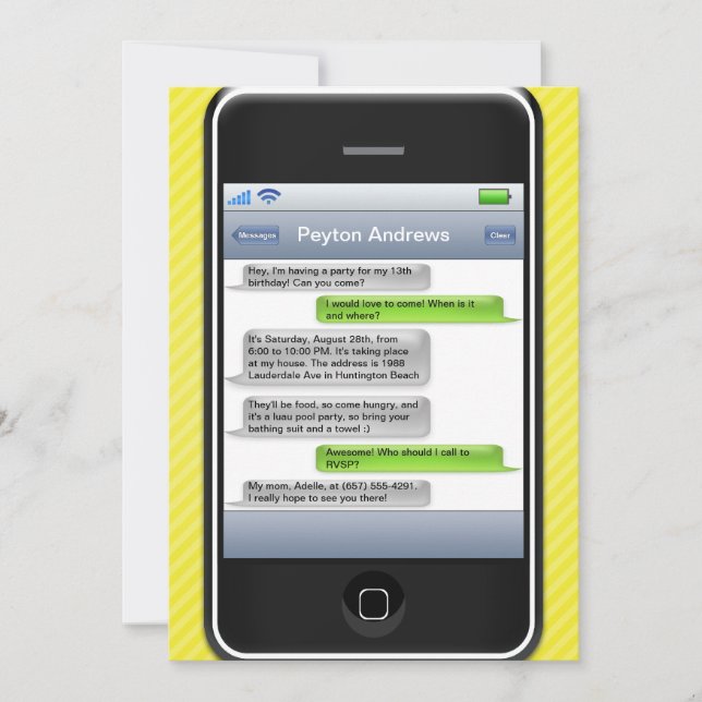 Gul/Svart Smart Telefon iParty Födelsedagsfest Inbjudningar (Framsida)