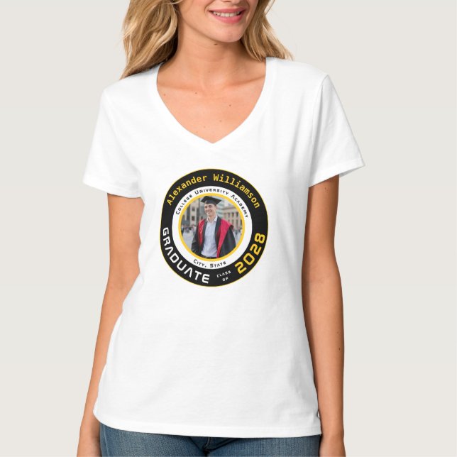 Gul Svart Vit Examen Foto T Shirt (Framsida)