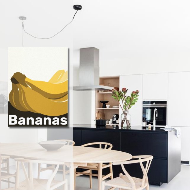Gul, svart, vit köksinredning - Affisch (Modern Black White Yellow Bunch of Bananas Kitchen Poster)