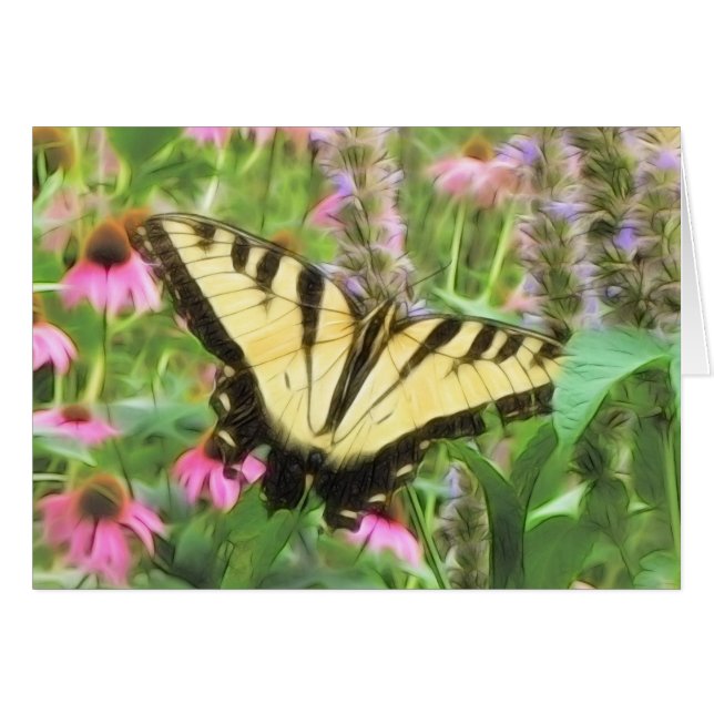 Gul Swallowtail fjäril i sommarträdgård Hälsningskort (Framsidan Horizontal)
