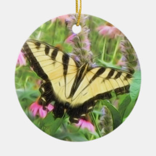 Gul Swallowtail fjäril i sommarträdgård Julgransprydnad Keramik