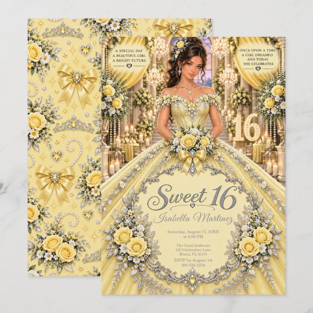 Gul Sweet 16-firande Inbjudningar (Fram/baksida)