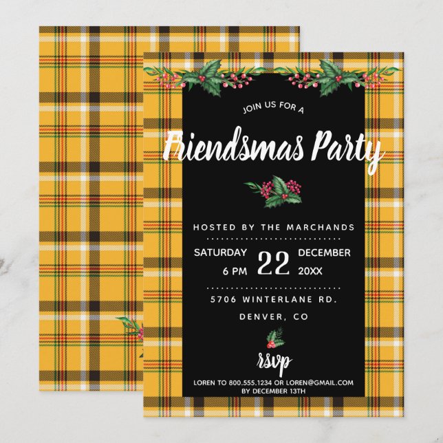 Gul Tartan Plaid Friendsmas-partynodningskort Inbjudningar (Fram/baksida)