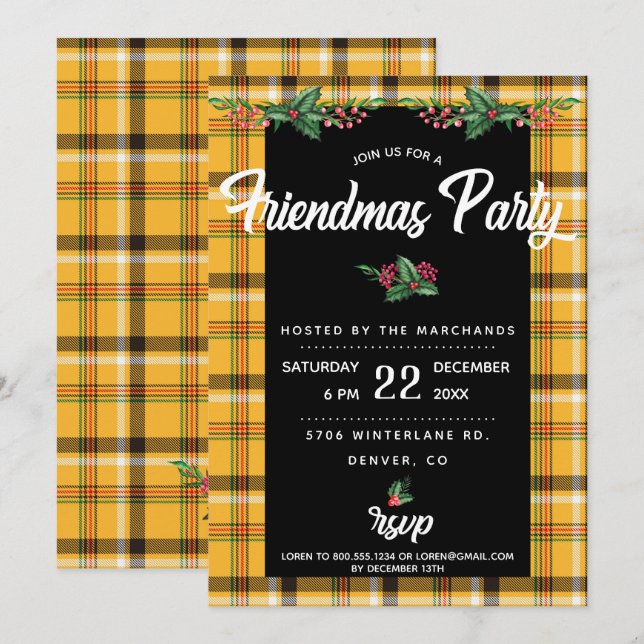 Gul Tartan-rutig Friendsmas-fest-inbjudan Inbjudningar (Fram/baksida)