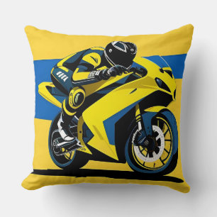 Gul tävlingsmotorcykel och illustration av förare kudde