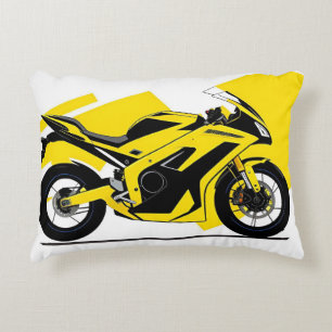 Gul tävlingsmotorcykel och illustration av förare prydnadskudde