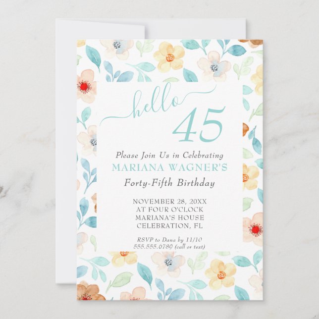 Gul Teal Blommig Elegant Skrift 45-årsdag Inbjudningar (Framsida)