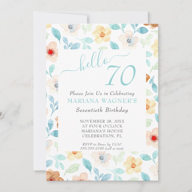 Gul Teal Blommig Elegant Skrift 70-årsfirande Inbjudningar (Framsida)