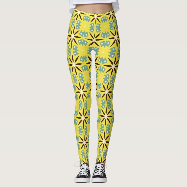 Gul Teal Retro Geometrisk Mönster Leggings (Framsida)