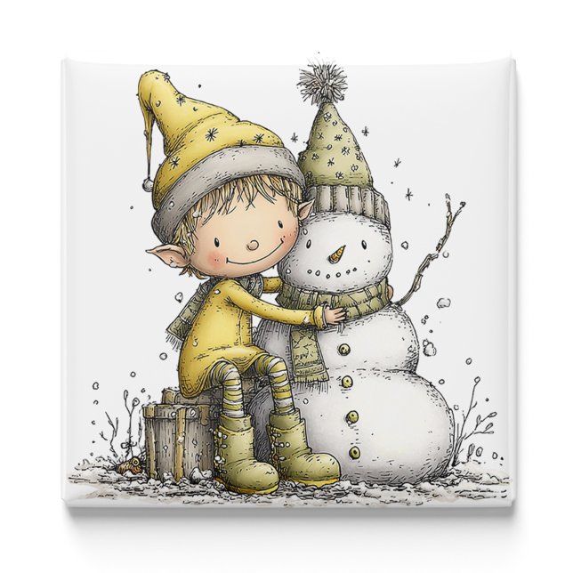 Gul Tomte Snöman Jul Magnet (Yellow Elf Snowman Christmas Magnet by PiggyPrint Sticker. by PiggyPrint Sticker. )