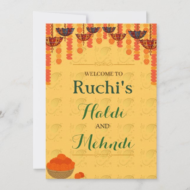 Gul traditionell Haldi- och mehndi-ceremoni  Inbjudningar (Framsida)