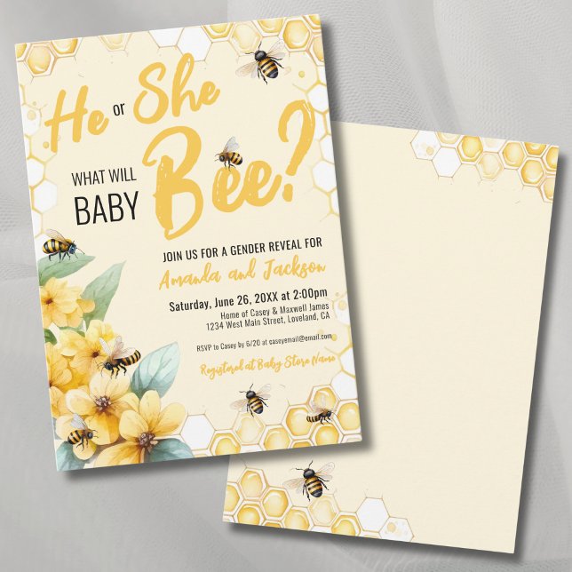 Gul Vad Kommer Bebis att Vara Könsbestämningsfest Inbjudningar (Yellow What Will Baby BEE Gender Reveal Party Invitation)