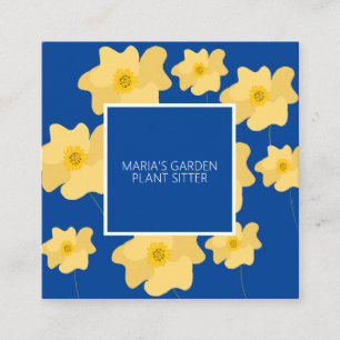 Gul vallmo blomsterträdgård växtsitter blå fyrkantigt visitkort