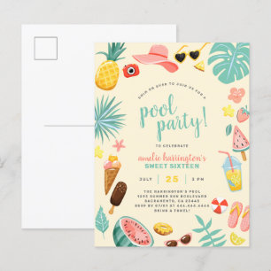 Gul   Vattenmelon Pineapple Tropical Bassäng Party Inbjudan Vykort