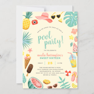 Gul   Vattenmelon Pineapple Tropical Bassäng Party Magnetisk Inbjudningskort
