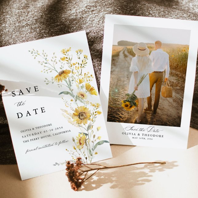 Gul vild blomster solros bröllops fotobakgrund spara datumet (Yellow sunflower wildflower photo save the date card elegant rustic garden wedding stationery)