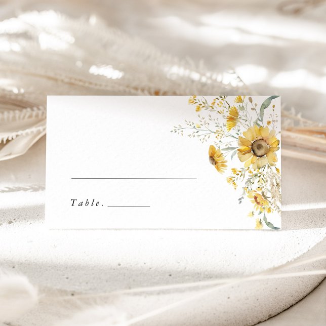 Gul Vild Solros Bröllop Plats Kort (yellow wildflower sunflower wedding place card garden escort card watercolor floral name card)