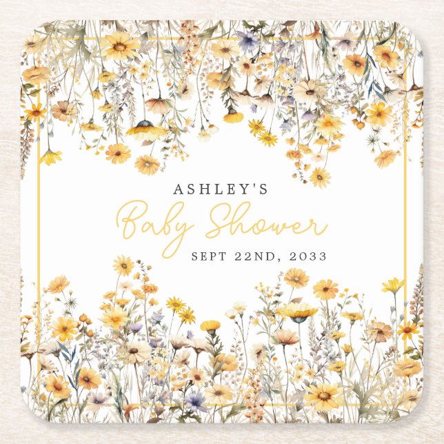 Gul Vildblomma Boho Akvarell Baby Shower Underlägg Papper Kvadrat (Framsidan)