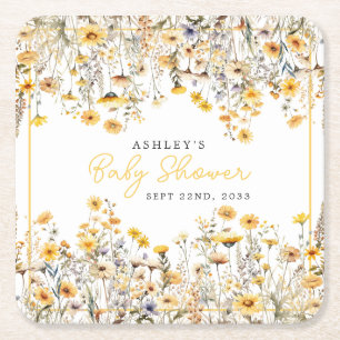Gul Vildblomma Boho Akvarell Bebis Shower Underlägg Papper Kvadrat