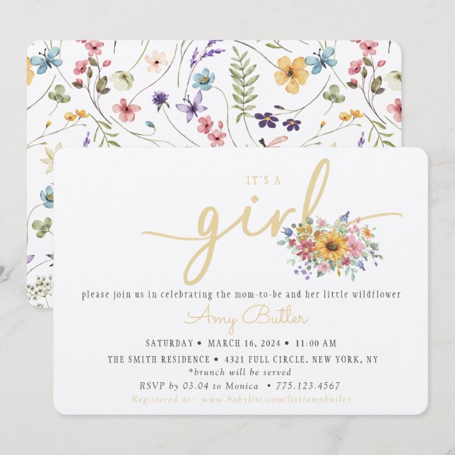 Gul vildblomma inbjudan till baby shower (Fram/baksida)