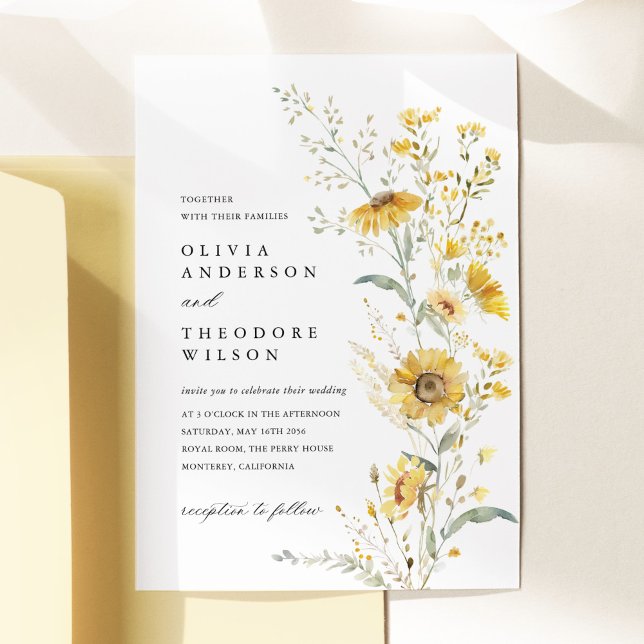 Gul Vildblomma Solros Bröllop Inbjudningar (Yellow sunflower wildflower wedding invitation watercolor floral garden elegant wedding stationery)